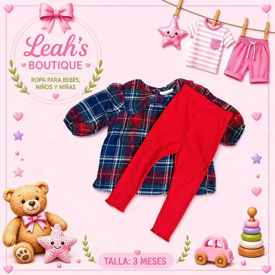 Conjunto vestido de cuadros y legging rojo
